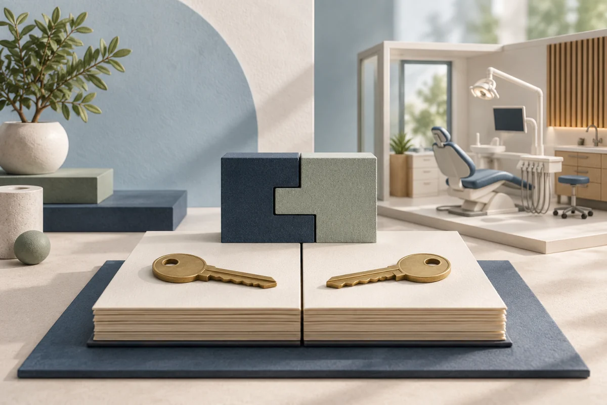 Two matching brass keys and a divided ledger beside a miniature dental operatory.