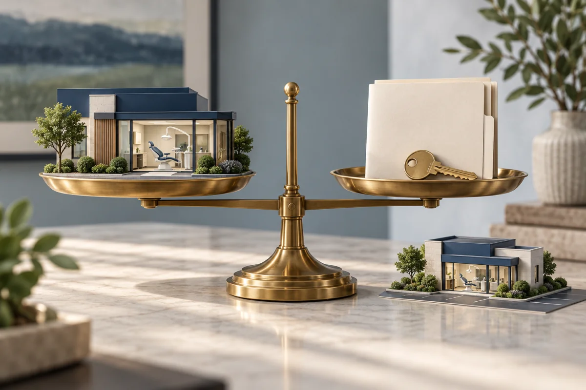 A balanced brass scale holding a dental clinic and lease folder, with a smaller satellite office beside it.