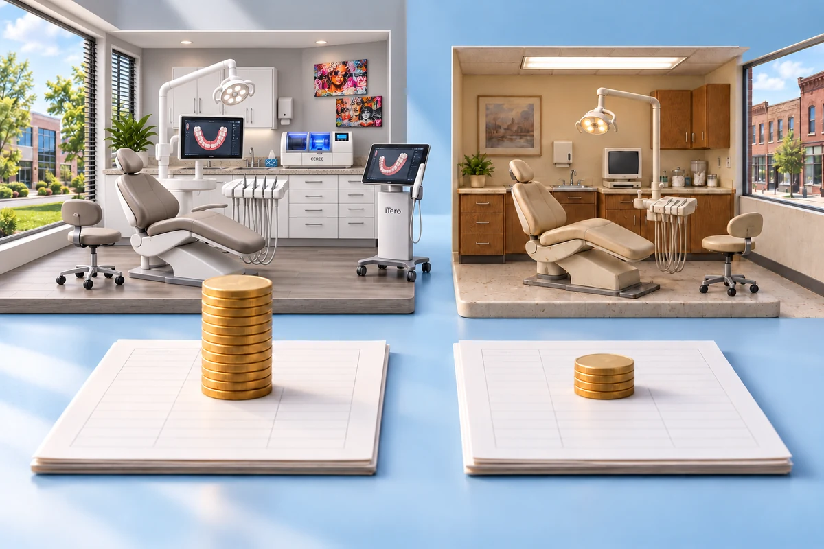 A modern dental practice with a scanner and milling machine beside an older practice, with different stacks of coins.