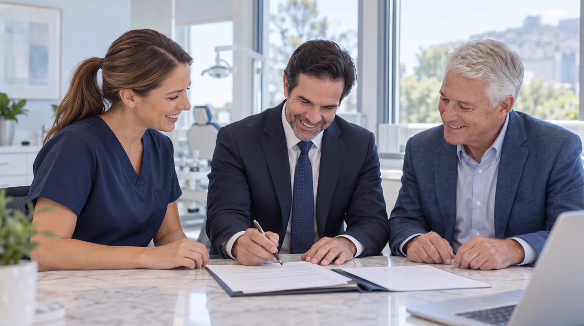 Illustrative scene of a dentist, advisor, and practice owner reviewing closing documents