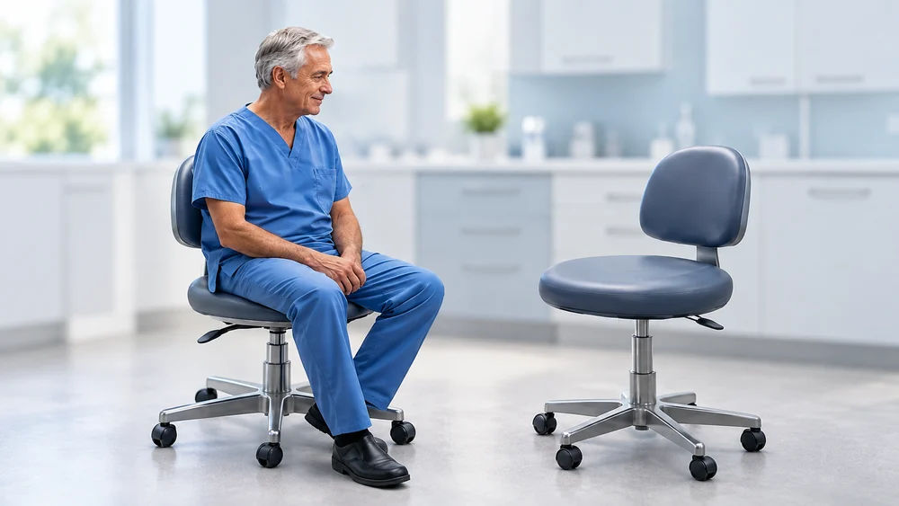 Illustrative scene of a dentist seated beside an empty associate’s stool